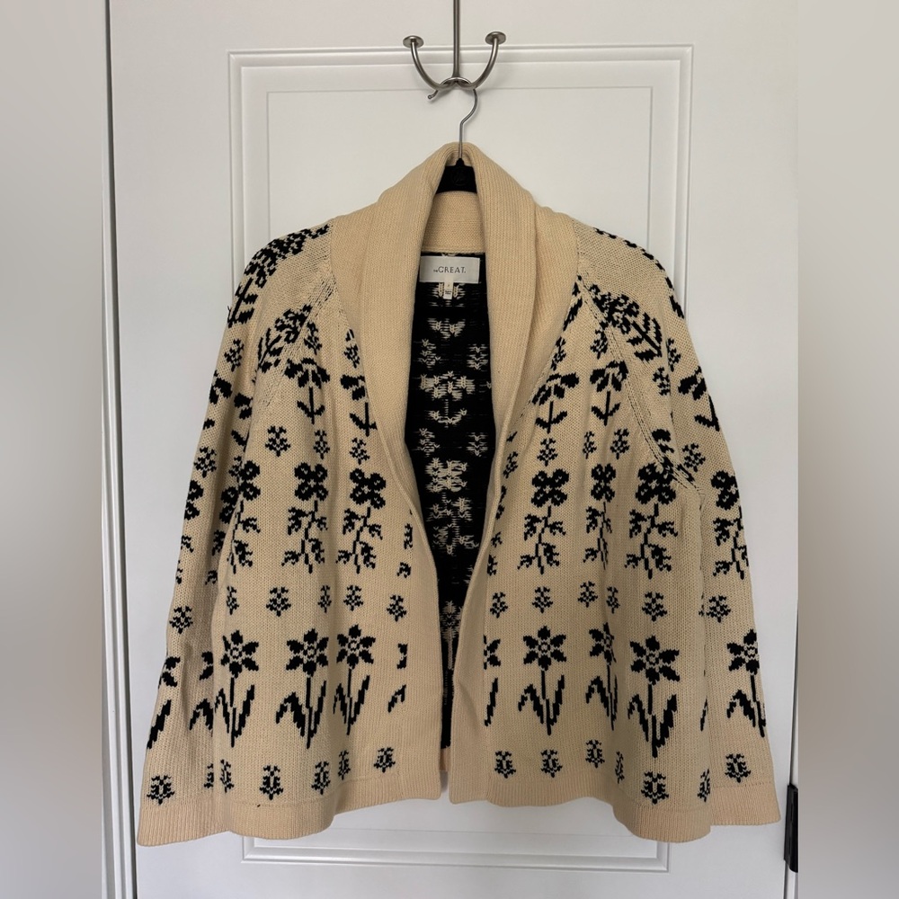 THE GREAT. The Garden Lodge Cotton Cream and Black Floral Cardigan - Picture 3 of 10